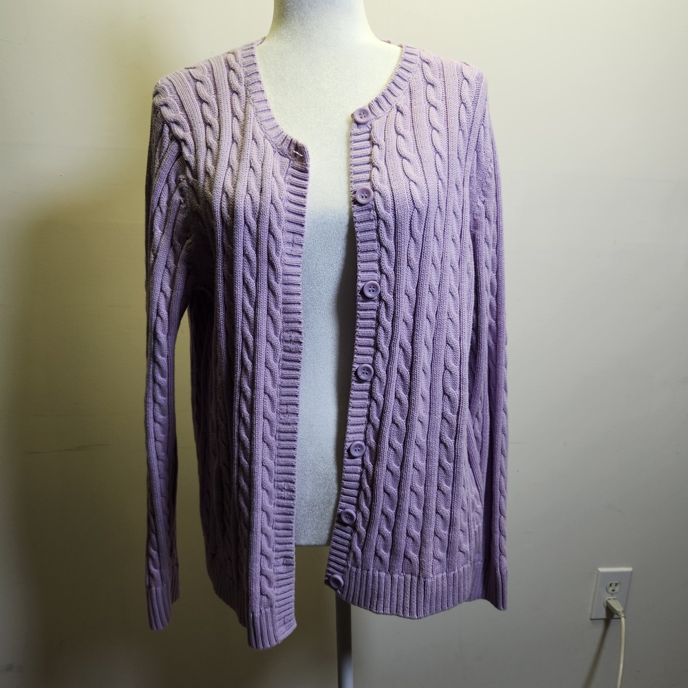 L.L Bean 100% Cotton Cable Knit Cardigan Sweater XL Lilac Crewneck Button Front